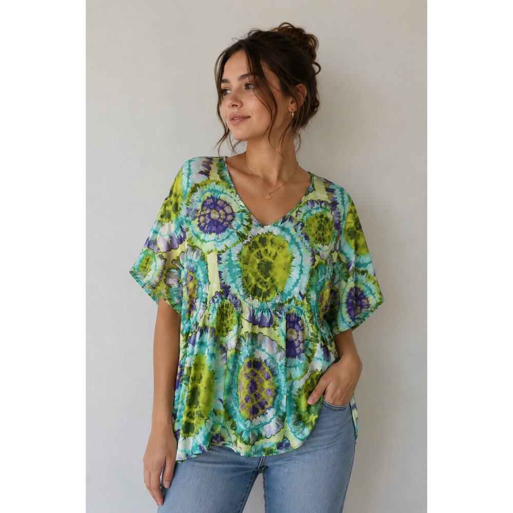 Lane Bryant Artsy Boho Tie Dye Blouse Womens 20W Indie Femme Smocked Top